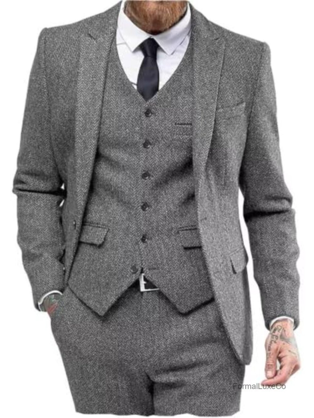 Mens Tweed Herringbone 3 Piece Suit Peak Lapel Blazer Vest Pants Formal